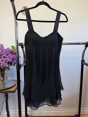 R&M Richards Vintage Silk Beaded Fringe Mini Dress Black Size 8 Y2K